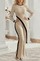 Kadın Uzun Kollu Bisiklet Yaka Asimetrik Kesim Bluz şardonlu Kaşkorse Bluz Ve Pantolon Ikili Takım