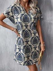 Kadın Kısa Kollu çentik Yaka Etnik çiçek Desenli Likralı Süprem Elbise