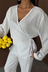 Kruvaze Model Klasik Pantolonlu Çupra Keten Takım 10191