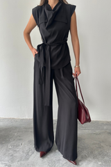 TENCEL MODAL KOLSUZ BLUZ KAPALI CEP DETAYLI DÖKÜMLÜ - PANTOLON TAKIM - Siyah