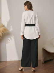 Kadın Uzun Kollu Açık Yakalı çift Renkli Kemerli Ithal Krep Ikili Takım