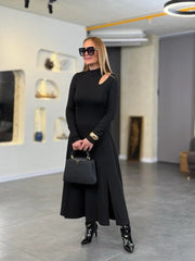 Kadın Balıkçı Yaka Damla Detaylı Yırtmaçlı Uzun Viskon Iki Iplik Maxi Elbise