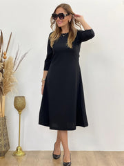 Kadın Uzun Truvakar Kol Bisiklet Yaka Midi Modal Elbise