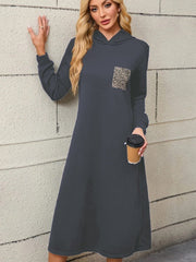 Kadın Uzun Kollu Kapşonlu Cep Detaylı Viskon Iki Iplik Maxi Elbise