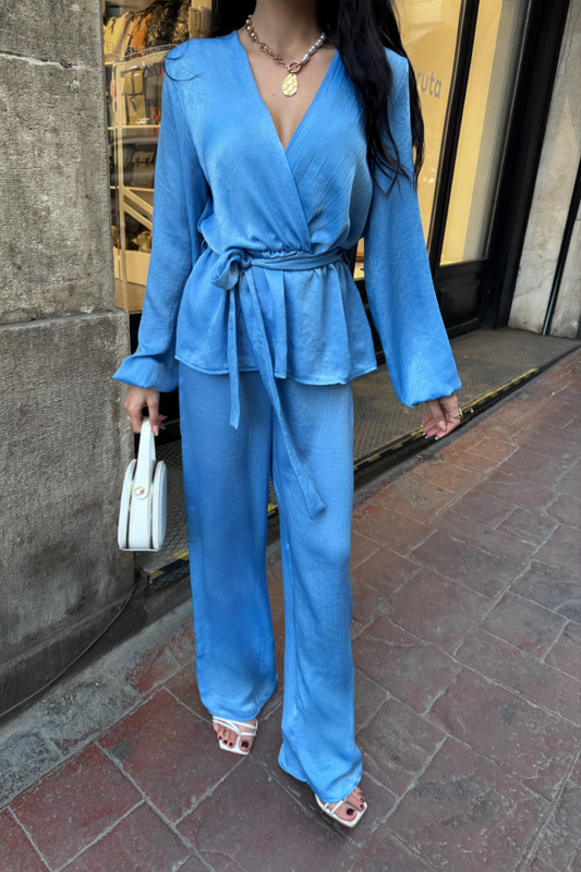 SATEN KRUVAZE BAĞLAMALI BLUZ- PANTOLON TAKIM - Mavi