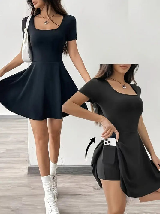 Kadın Kısa Kollu Kare Yaka Short Detaylı Cepli Dalgıç Elbise