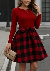 Kadın Uzun Kollu Bisiklet Yaka üst Viskon Alt Ekose Kısa Elbise