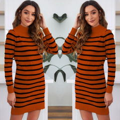 Kadın Uzun Kollu Yarım Balıkçı Yaka çizgilitriko Mini Boy Elbise (kemersiz)