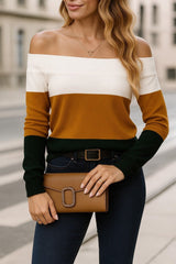 Kadın Uzun Kollu Omuzlardan Açık Uzun Kollu Blok çizgili Triko Bluz