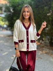 Kadın Uzun Kollu Ribanali Cep Detay Hırka Ve Bol Paça Pantolon Ikili Takım