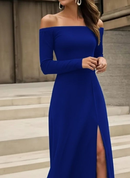 Kadın Uzun Kollu Madonna Yakalı Yırtmaç Detaylı Uzun Ithal Krep Elbise