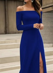 Kadın Uzun Kollu Madonna Yakalı Yırtmaç Detaylı Uzun Ithal Krep Elbise