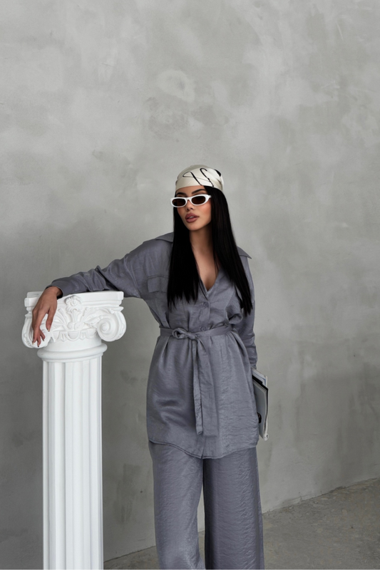 SİMLİ KUMAŞ SALAŞ PANTOLON - GÖMLEK TAKIM - Gri