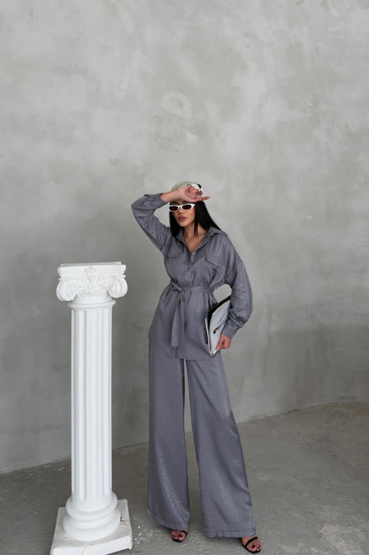 SİMLİ KUMAŞ SALAŞ PANTOLON - GÖMLEK TAKIM - Gri