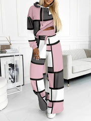 Kadın Uzun Kollu Kapşonlu Bağcıklı Desenli Iki Iplik Bluz Ve Pantolon Ikili Takım