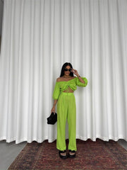 KETEN CROP BLUZ BÜZGÜ YAKA + PANTOLON TAKIM - Mavi