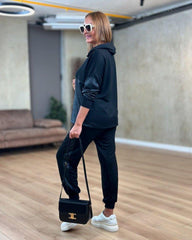 Kadın Uzun Kollu Kapşonlu Viskon Iki Iplik Bluz Ve Pantolon Ikili Takım