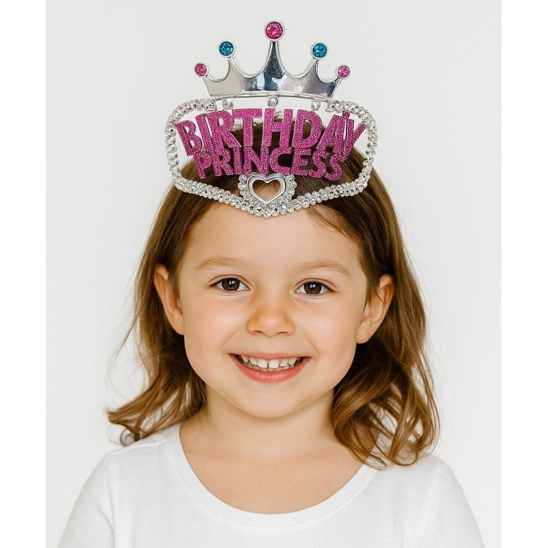 Gümüş Renk Taç Üzeri Pembe Birthday Prenses Yazılı Çocuk Parti Tacı