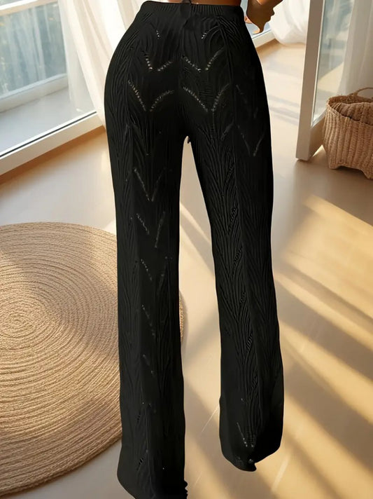 Kadın Yüksek Bel Bağcıklı Desenli Triko Plaj Pantolon