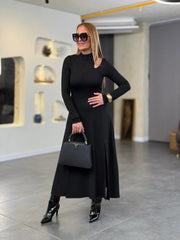 Kadın Balıkçı Yaka Damla Detaylı Yırtmaçlı Uzun Viskon Iki Iplik Maxi Elbise