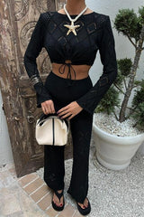 Göğüs Bağcık Detaylı Ajurlu Bluz Pantolon Takım 10098