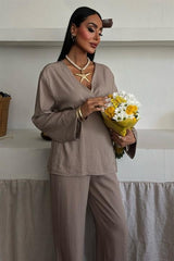 Kruvaze Model Klasik Pantolonlu Çupra Keten Takım 10191