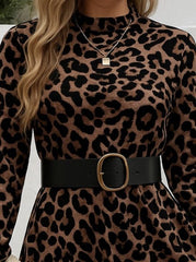 Kadın Uzun Kollu Yarı Balıkçı Yaka Leopar Desenli Kadife Elbise