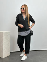 Polo Yaka Gömlek Detay Salaş Balon Pantolunlu ıkılı Takım