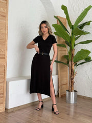 Kadın Kısa Kollu V Yaka Maxi Boy Elbise 124 Cm