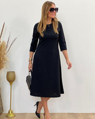 Kadın Uzun Truvakar Kol Bisiklet Yaka Midi Modal Elbise