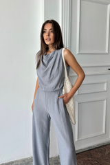 DEGAJE YAKA KOLSUZ BLUZ - PANTOLON TAKIM - Gri