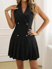 Kadın Kolsuz Yakalı önden Düğmeli Pileli Ithal Krep Mini Elbise