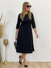 Kadın Uzun Truvakar Kol Bisiklet Yaka Midi Modal Elbise