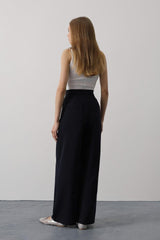 Pileli Bağcıklı Oversize Pantolon - Siyah