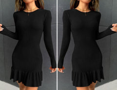 Kadın Bisiklet Yaka Uzun Kol Etek Ucu Fırfırlı Triko Mini Boy Elbise