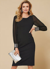 Kadın Uzun Kollu Bisiklet Yaka Kollar Tül Manşet Taş Işlemeli Krep Elbise