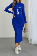 Kadın Uzun Kollu Boğazlı Baskı Detaylı Viskon Tam Boy Elbise