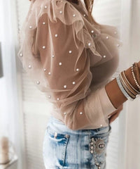 Kadın Uzun Kollu Inci Detaylı Tüllü Viskon Bluz