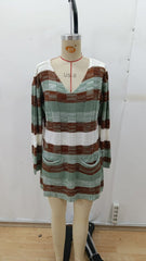 Kadın Uzun Kollu V Yakalı çizgili çok Renkli Triko Mini Elbise