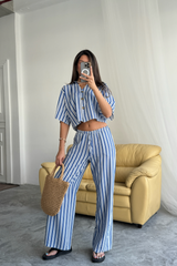 ÇİZGİLİ CROP GÖMLEK - SALAŞ PANTOLON TAKIM MODAL - Bej