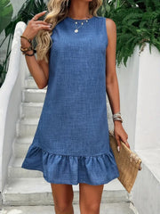 Kadın Kolsuz Bisiklet Yaka Fırfırlı Sofya Elbise