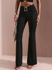 Kadın Yüksek Bel Tokalı Ispanyol Paçalı Dalgıç Pantolon