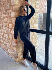 Kadın Uzun Kollu Kapşonlu Viskon Iki Iplik Bluz Ve Pantolon Ikili Takım