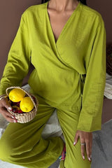 Kruvaze Model Klasik Pantolonlu Çupra Keten Takım 10191