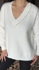 Kadın V Yaka Uzun Kollu Inci Detay Triko Bluz