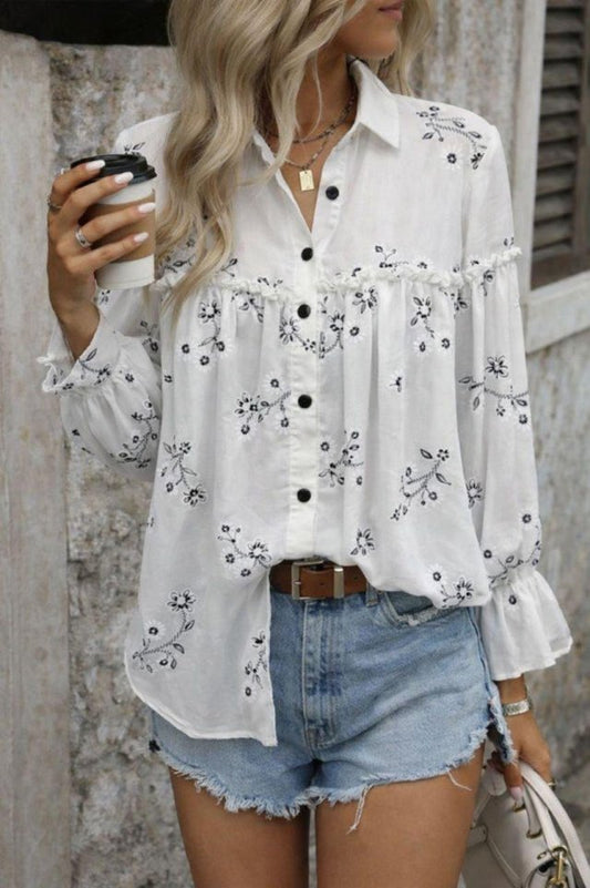 Kadın Nakış Işlemeli Kolu Volanlı Gömlek