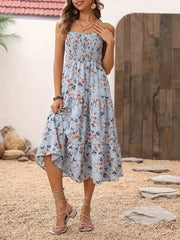 Kadın Ip Askılı Geniş V Yakalı Desenli Uzun Süprem Elbise