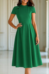 Kadın Kısa Kollu Yarı Balıkçı Yaka Pileli Janjan Krep Midi Elbise