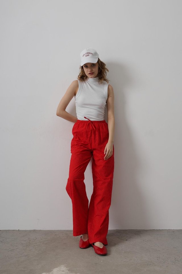 Beli Bağlamalı Brode Pantolon - Beyaz