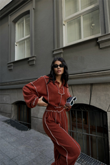 BİYELİ BLUZ PANTOLON TAKIM ŞÖNİL KUMAŞ - Kiremit